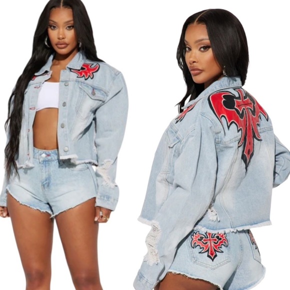 Fashion Nova Life Of Sin Faux Leather Patch Denim Jacket Light Wash Size XS - Picture 2 of 14